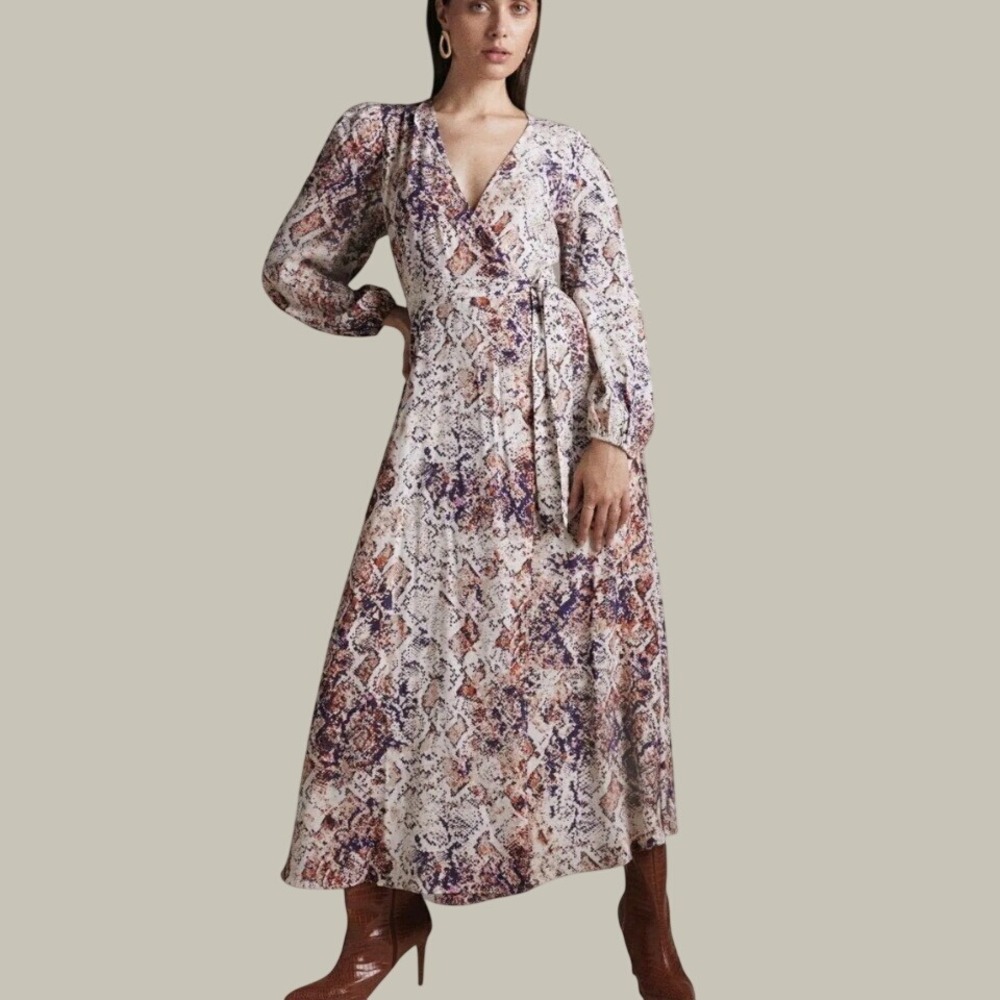 Karen Millen Snakeskin Print Wrap Maxi Dress V-Neck Long Sleeve US 2 UK 6